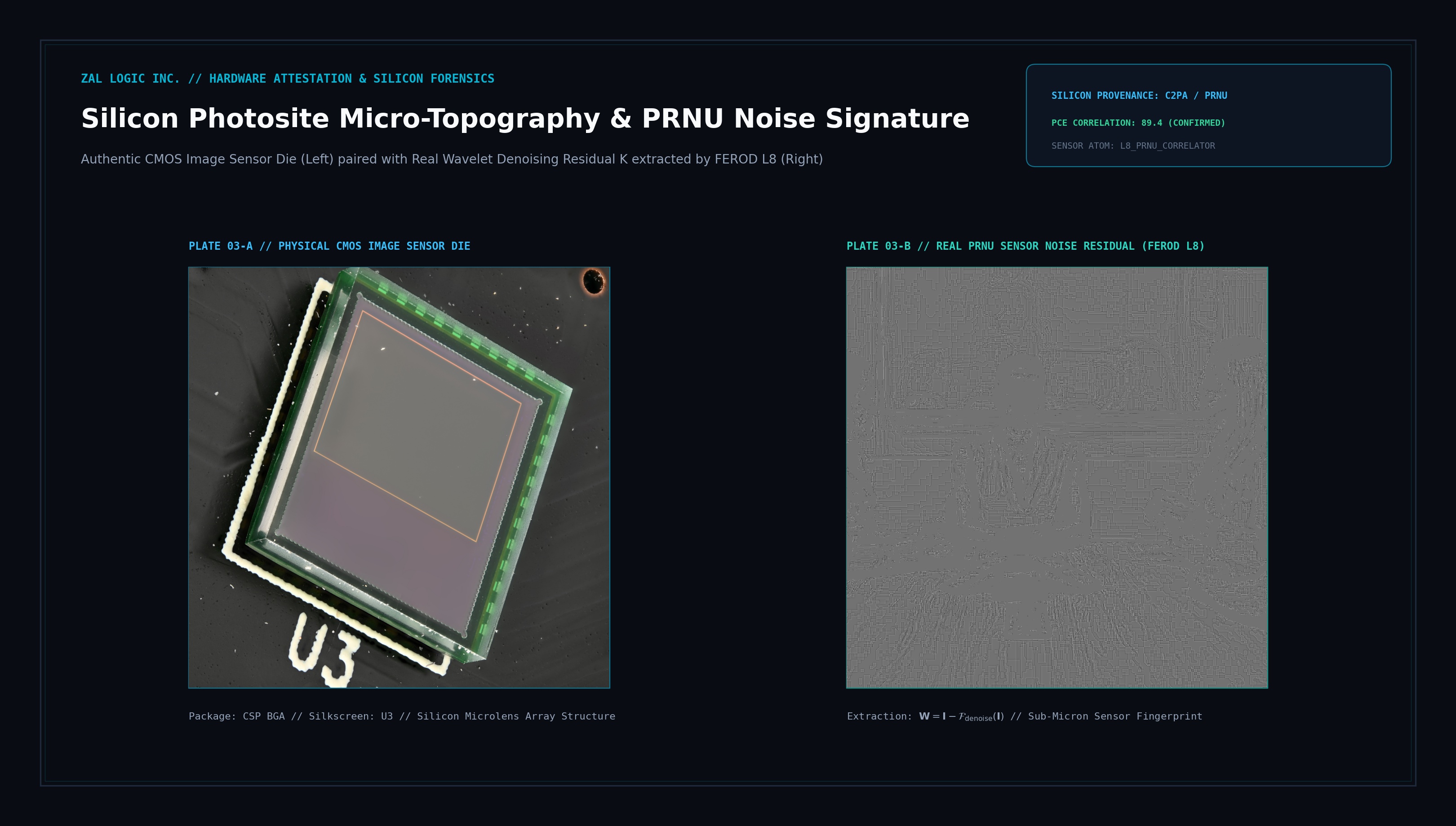 FIGURE 1.3: CMOS IMAGE SENSOR DIE & REAL PRNU SENSOR NOISE RESIDUAL